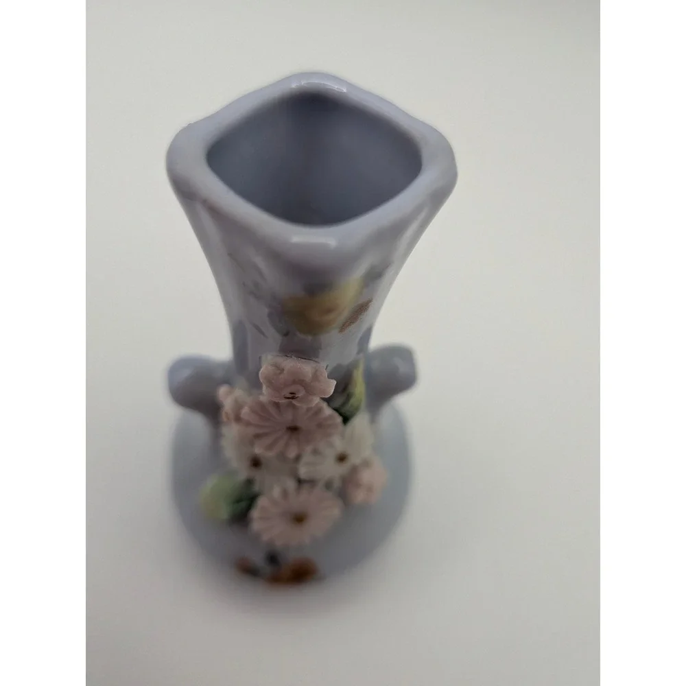 Vintage Germany Miniature Porcelain Bud Vases‎ Set Applied 3D Flowers White Blue